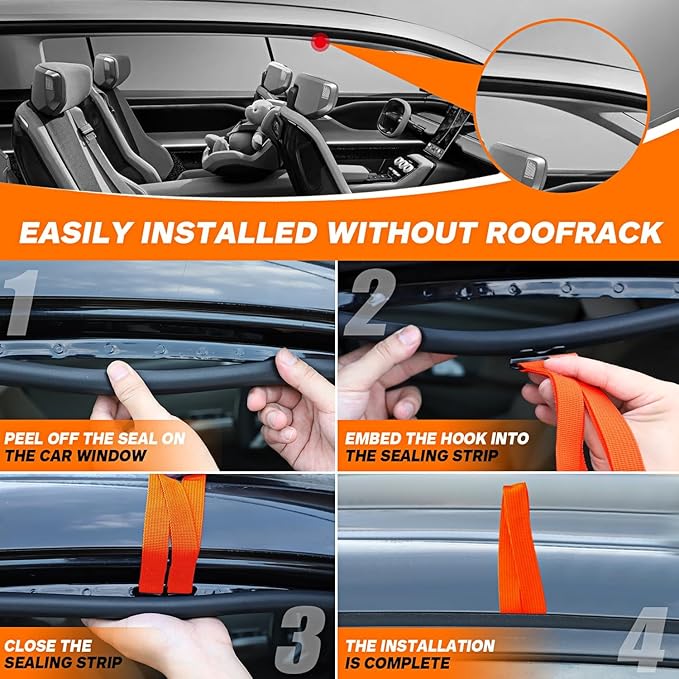 6 Rooftop Cargo Tie Down Hook Straps - Secure Any Car Roof Bag, Roof Rack Cargo Carrier, or Car Top Carrier, Durable and Solid, No Roof Rack Required, Compatible with Most Cars - Registered Patent