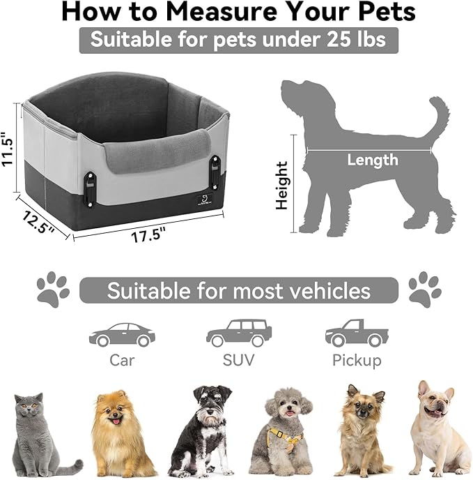 A 4 Pet Dog Car Seats for Small Dogs Under 25lbs – Safety Travel Booster Seat with Patent Buckles, Adjustable Leash – Reduces Anxiety & Road Trips – Frame Support for Cars, SUV, Pickup