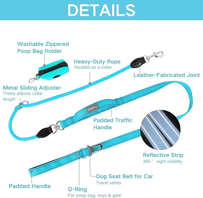 6FT Heavy Duty Dog Leash for Small Medium Large Dogs, Tangle Free Reflective Dog Training Leash with Double Handle, Seat Belt Buckle & Poop Bag Holder (Blue)