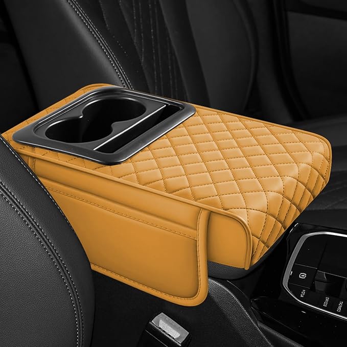 Hovom Car Center Console Cover, 13.39"×7.87"×2.76" Leather Armrest Cover for Cars, Memory Foam Armrest Pillow with Pocket, Cup Holder & Phone Slot, Universal Vehicle Arm Rest Cushion Pad (Orange)