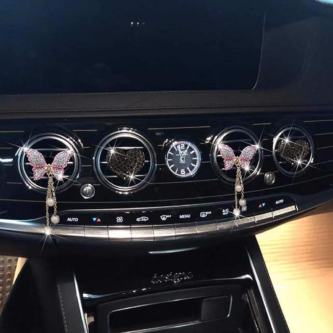 4 Pcs Pink Bling Butterfly and Heart Car Air Fresheners Vent Clips Diffuser Vent Clip Rhinestone Diamond Decoration Car Interior Decor Cute Accessories for Women, Automotive Air Fresheners (Black, 2)