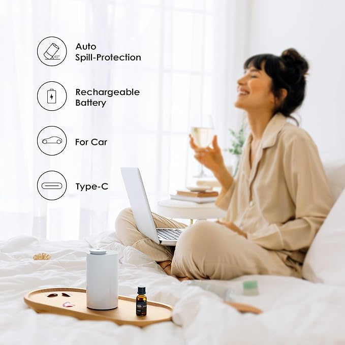Airversa Waterless Essential Oil Diffuser Starter Kit with 30mL Hotel Fragrance Oil Inspired by Blagio, Battery Operated Car Diffuser, Portable Aroma Nebulizer for Home Car Office, AN6Kit-D, White