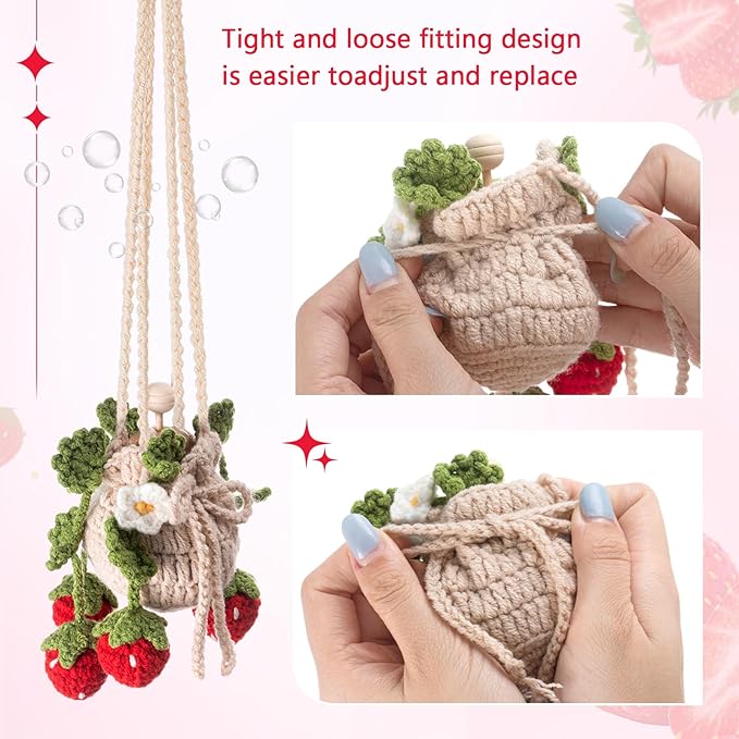 Cute Crochet Plant Car Freshener 12ml Empty Refillable Diffuser Bottle with Plants Hanging Accessories for Rearview Mirror Home Office Decor Women Mother's Day Gifts(Strawberry)
