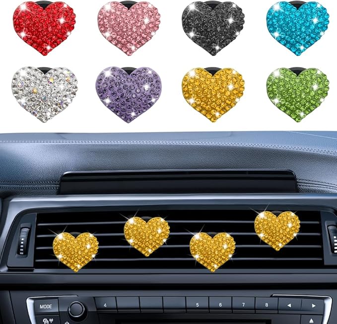 4PCS Heart-Shaped Car Vent Clip with Rhinestone, Vent Clip Car Accessories, Sparkly Rhinestone Bling Diamond Freshener Holder, Air Conditioning Outlet Ornament for Women Girls (Yellow, Style1)