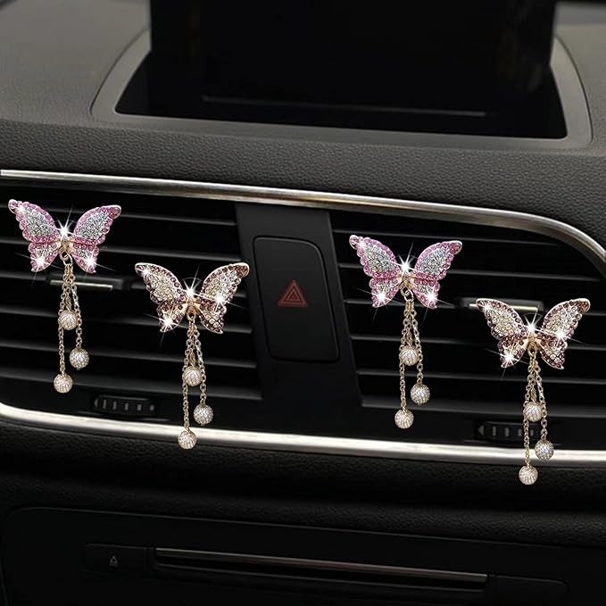 4 in 1 Bling Butterfly Aromatherapy Air Vent Clips, Diamond Pearl Pendant Butterfly Car Air Fresheners, Cute Car Decoration, Interior Decor