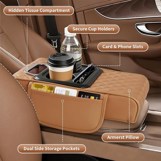 5-in-1 Car Armrest Cushion, Multifunctional PVC Leather Center Console Armrest Pillow Elbow, Universal Arm Box Pad Cover with Cup Holder, Phone Slot, Tissue Box Slot & 2 Storage Bags, Grey