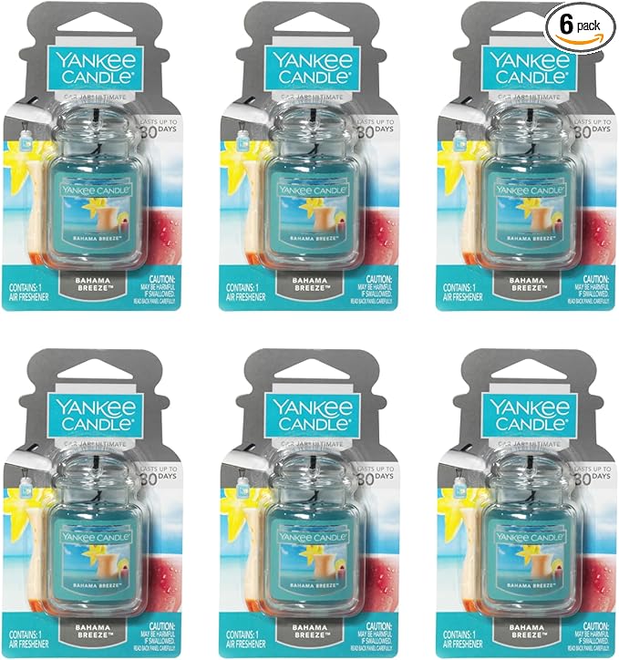 Yankee Candle Car Air Fresheners, Hanging Car Jar Ultimate, Neutralizes Odors Up To 30 Days, Bahama Breeze, 0.96 OZ (Pack of 6)