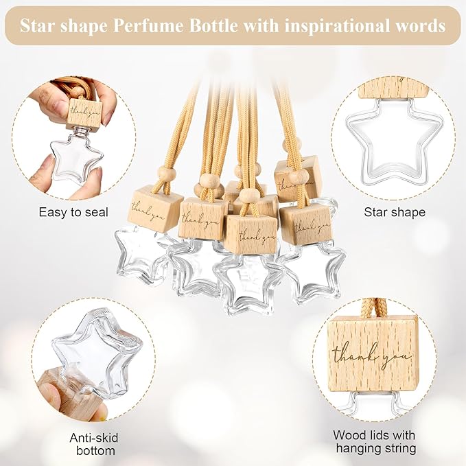 12 Pcs Star Shaped Car Fragrance Diffuser Bottle Bulk - Appreciation Gifts Set Hanging Glass Diffusers with Inspirational Message for Coworker Teacher Staff Thank You Gift (Thank You)
