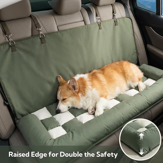 Soulbond Backseat Dog Bed for Car Hammock, Thick Soft Dog Car Seat Cover for Back Seat, Non-Slip Pet Travel Bed for Cars, SUVs & Trunks, Dark Green