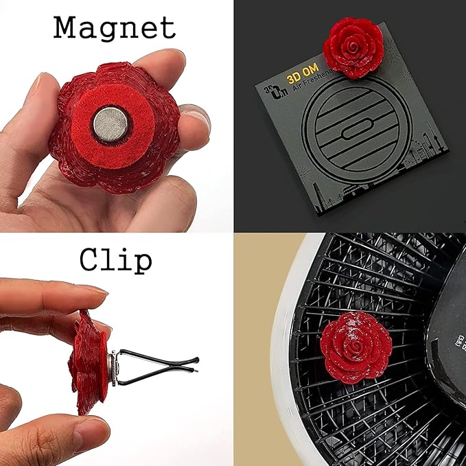 Air Freshener Blooming Rose for Car or Indoor, Realistic Stylish Detailed 3D Printing Plastic (eco PLA), Magnet and Clip (Car, Air-cleaner, Fridge, Microwave, Shelf) – Solution is not included