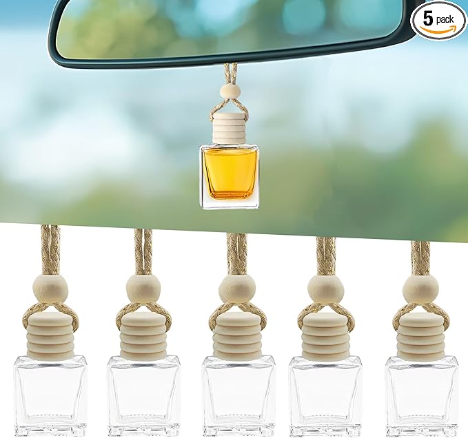 5PCS Hanging Car Air Freshener, Car Air Freshener Diffuser, 8ml Empty Glass Auto Oil Perfume Aromatherapy Diffuser Charms, Refillable Perfume Bottles for Most Vehicles (Rectangle, Style 1)