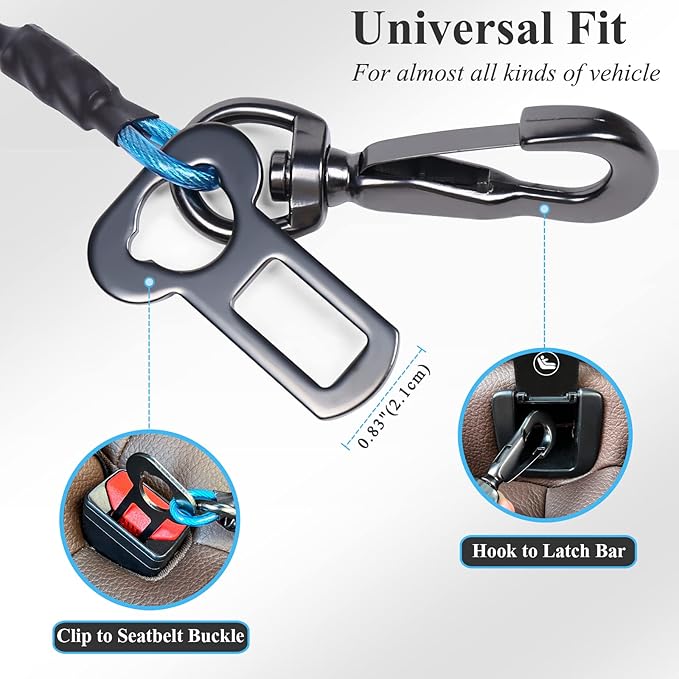 VIVAGLORY Dog Seat Belt Tuffbelt Dog Car Harness, Seatbelt with Clip & Hook for Car Travel, Chew Proof Anti Chew Unchewable Metal Safety Tether Restraint, M, Blue