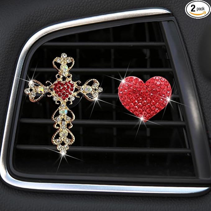 2 Pack Bling Car Vent Clip Decor, Diamond Cross & Heart Air Freshener - Women's Car Essentials (Red)