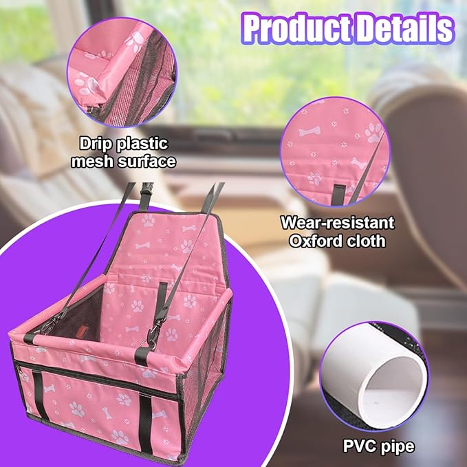 Pet Car Seat, Breathable & Waterproof Oxford Dog Car Booster Seats with Seat Belt and Mesh Window, Portable Foldable Travel Look Out Bag for Small Medium Dogs & Cats (Pink, 1PC)
