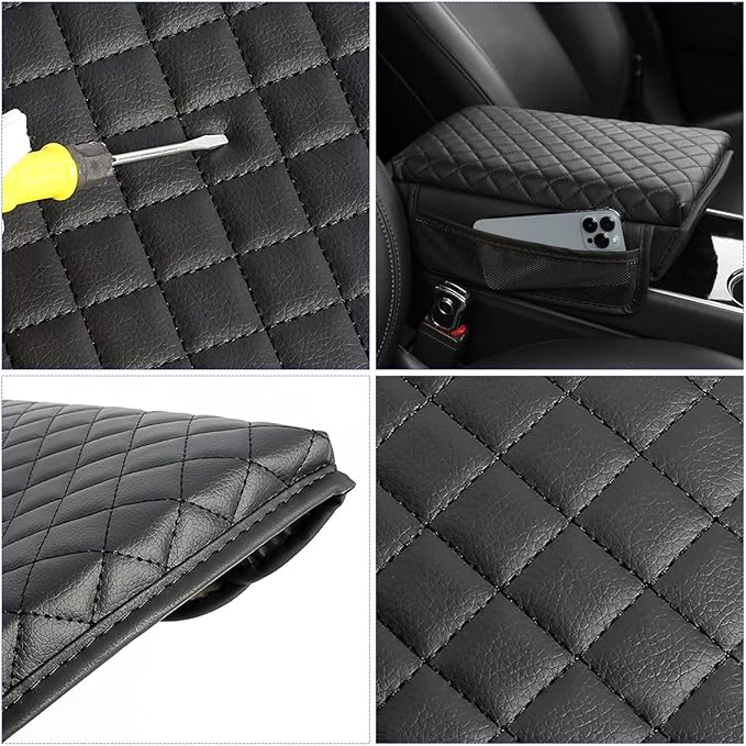 zipelo Car Armrest Cushion, Carbon Fiber Leather Auto Center Console Pad, Memory Foam Armrest Box with Storage Bag, Hand Rest Pillow with Organizer Pockets, Universal Fit for Most Vehicles (Coffee)