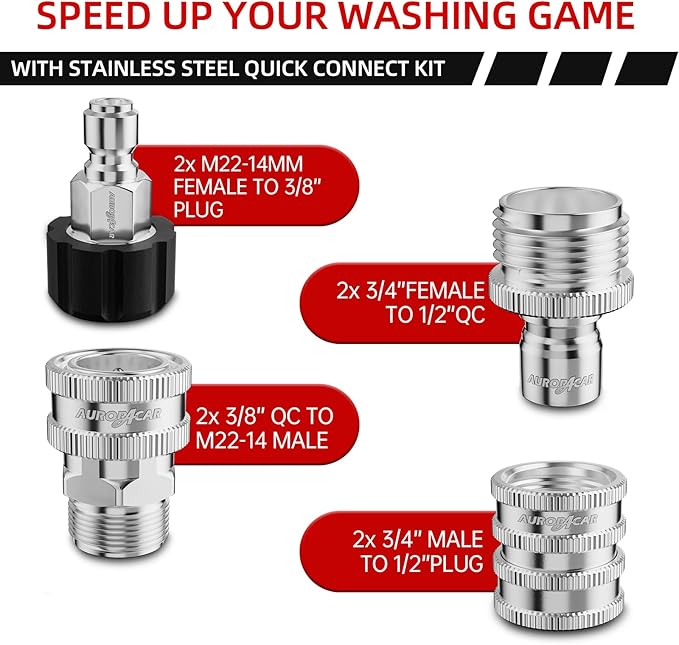 Pressure Washer Quick Connect Kit, Stainless Steel Pressure Washer Adapter Set, M22-14mm Swivel to 3/8" Quick Connect Fittings, 3/4 Inch Hose Fittings, 8 Pack