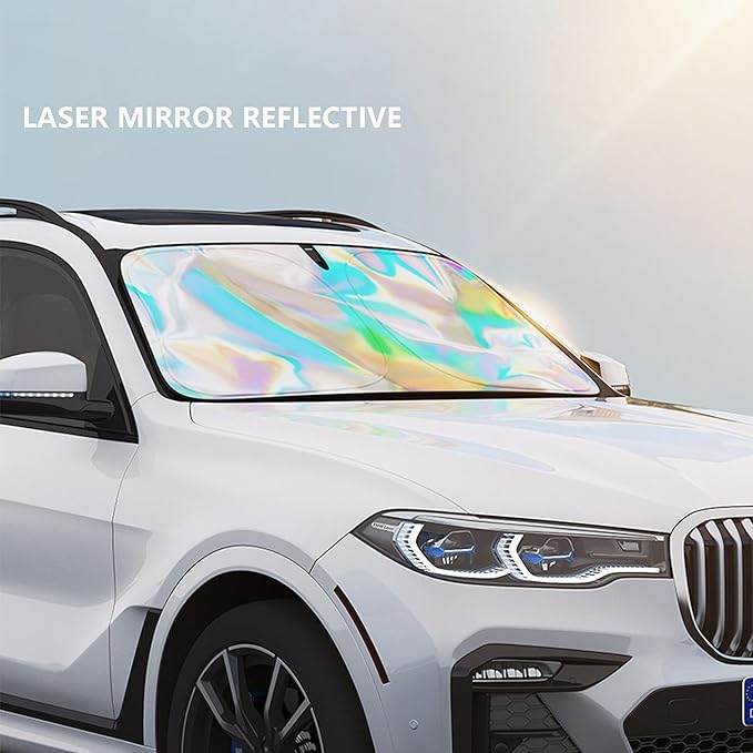 Sunshade Car Front Windshield Laser Titanium Silver Sun Shade Iridescent Cars Sunshade Foldable Sun Shield Cover Block UV Rays, Car Light Blocking Curtain Suitable for Most Cars Medium 55.9 x 29 in