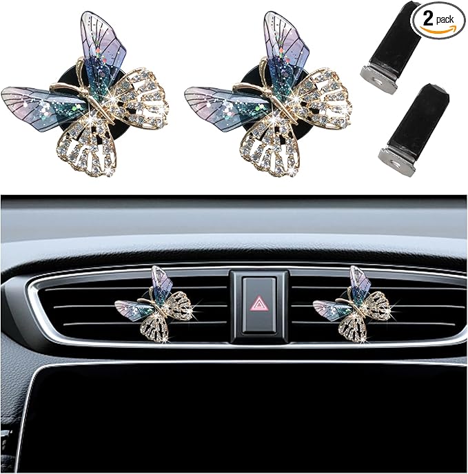Augeny 2PCS Bling Butterfly Air Vent Clips, Cute Crystal Car Air Fresheners Vent Clips, Rhinestone Diamond Auto Diffuser Vent Clip for Women Girls, Car Interior Decor Accessories (Blue)