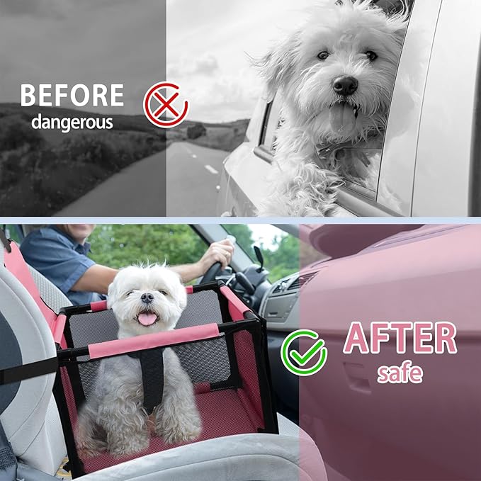 PetsHome Dog Car Seat Foldable Dog Car Booster Seat Waterproof Breathable Oxford Travel Bag for Small to Medium Dogs, Puppies, and Pets-Pure Pink-Upgrade