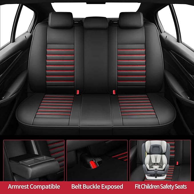 Fit Ridgeline Car Seat Covers for Honda Ridgeline 2007-2025 2026 - Upgraded Premium Waterproof & Breathable Leather, Airbag Compatible, All-Weather Seat Cushion Protector (Full Set, Black+Red)