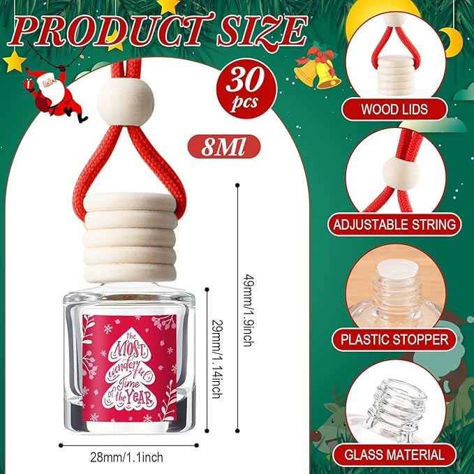 Boao 30 Pcs Christmas Employee Appreciation Gifts Hanging Car Air Freshener Diffuser Bottles Bulk Empty Perfume Glass Bottle Pendant with Christmas Tree Cards & Stickers for Essential Oil Fragrance