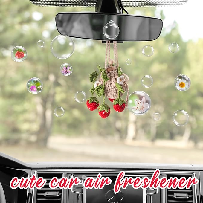 Cute Crochet Plant Car Freshener 12ml Empty Refillable Diffuser Bottle with Plants Hanging Accessories for Rearview Mirror Home Office Decor Women Mother's Day Gifts(Strawberry)