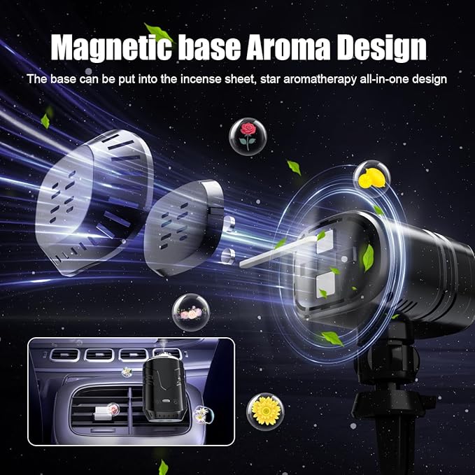 Car Star Projector with Smart Air Freshener Diffuser, Christmas Car Interior Decor, Ceiling LED Lights with 6 Scents, Vent Clip Roof Accent Light with Moon, Auto On/Off