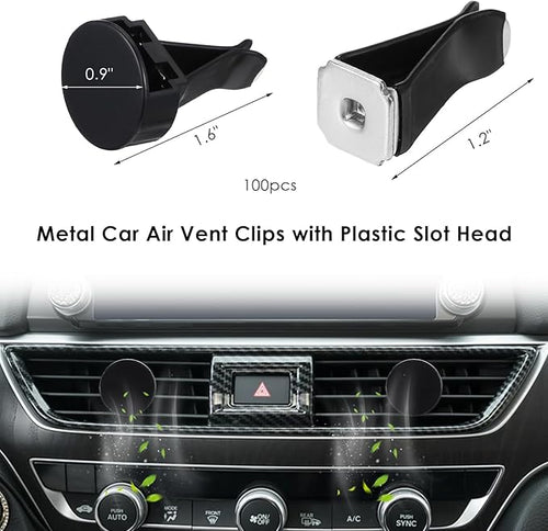 100 Pcs Metal Car Vent Clips with Round Plastic Slot Head, Air Vent Clips Car Accessories Replacement, Car Air Fresheners Perfume Vent Clips for Most Car, Office, Home (Black, 40x24mm)
