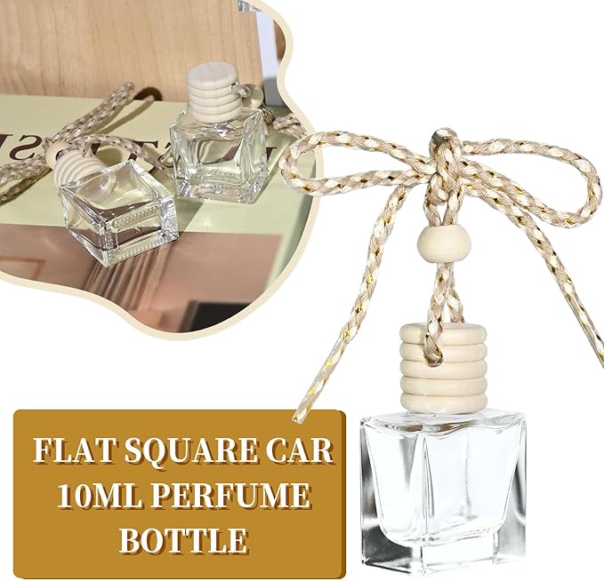 10PCS Flat Square Car 10ML Perfume Empty Bottles with Gold Wire Rope Flat Square Empty Bottles-Car Diffusers for Essential Oils-Essential Oil Car Freshener-Hanging Car Air Freshener