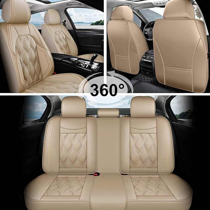 AOMSAZTO Car Seat Covers Fit for Cadillac XT4 2019-2026 Leather Car Seat Cover Seat Cushion Protector Airbag Compatible Waterproof Full Set 5 Seats Beige