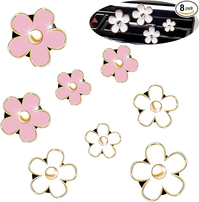 Daisy Car Decoration Flower Air Vent Clip Air Conditioning Outlet Clip Car Air Freshener Clip Car Interior Decor Charm Colorful Car Accessories for Women Interior Cute Set (8PCS-Pink&White)