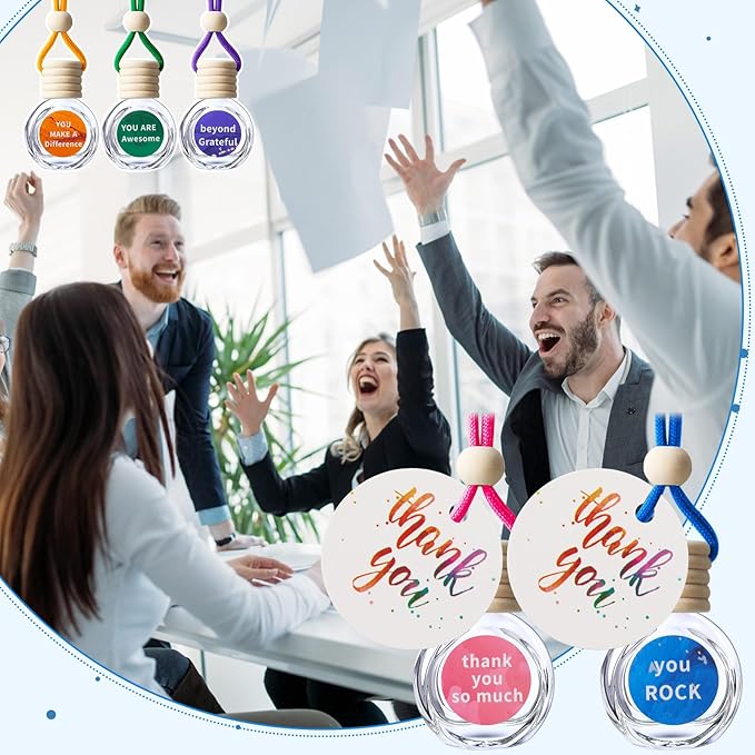 Boao 30 Pcs Hanging Car Air Freshener Diffuser Bottles Bulk, Empty Refillable Glass Perfume Pendants with Wood Caps, DIY Essential Oil Car Ornaments with Thank You Cards for Wedding Party Favors