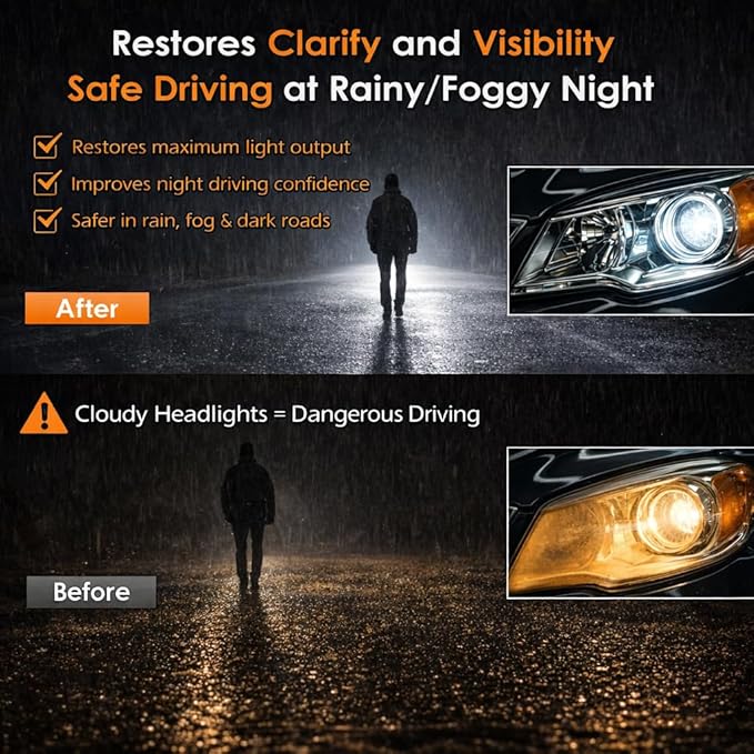 Headlight Restoration Kit, 2-Step Headlight Cleaner & Ceramic Coating Wipes, Removes Oxidation & Restores Clarity, Long-Lasting UV Protection, Headlight Polish No Tool Required