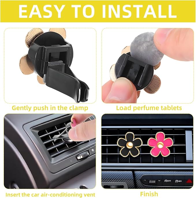 NBTEPEM 6 PCS Daisy Flower Air Vent Clip Car Decoration Accessories Air Conditioning Outlet Clip Car Air Freshener Clip Charm Car Interior Decor(3 cm, 3.3 cm, Pink, Red, Black)