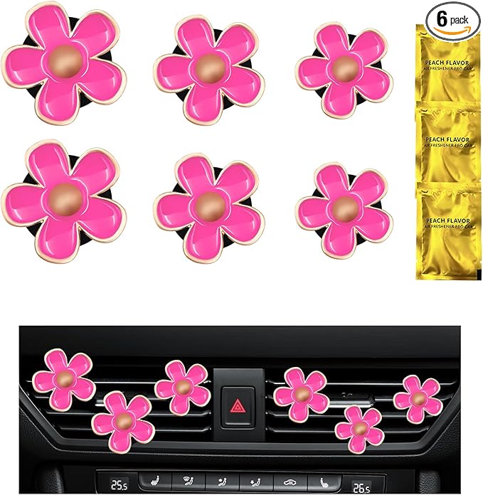 6PCS Daisy Flower Car Air Vent Clips, Cute Flower Shape Auto Air Freshener Outlet Clip, Vehicle Air Conditioning Clip Charm for Women Girls, Interior Decor Car Accessories (Pink)