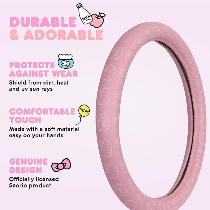 Sanrio Hello Kitty Car Trunk Organizer & Steering Wheel Cover Set – Cute, Non-Slip, Soft Grip Car Accessories for Women – Collapsible Storage Bin for Groceries, Tools & Travel – 12.5"L x 12.5"W x 9"H