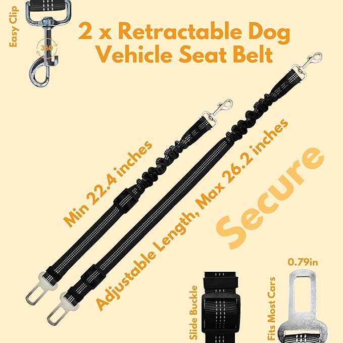 Dog Car Accessories Essentials Kit, with 2 Retractable Harness Adjustable Seat Belt Leash, Portable Collapsible Pet Bowl, Car Net Barrier for Dogs in Vehicle, and 4 Headrest Hooks for Hanger