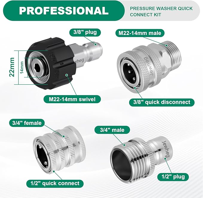 2025 upgraded version，Pressure Washer Quick Connect Kit, Stainless Steel Pressure Washer Adapter Set, M22 Swivel 14mm to 3/8 Inch Quick Disconnect，3/4 Inch Hose Fittings