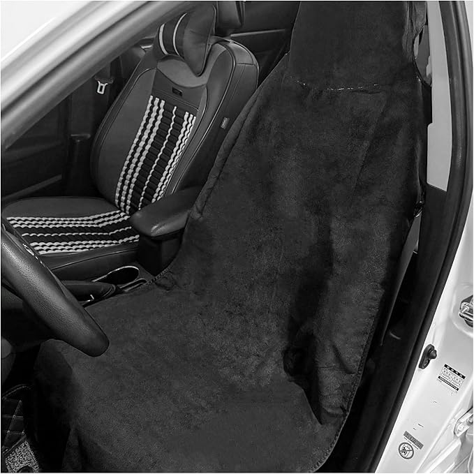 Waterproof Car Seat Cover, Premium Terry Cloth Sweat Towel Front Seat Protector, Washable Non-Slip Automotive Bucket Seats Covers, Ideal for Post Gym Workout Running Swimming (Black)