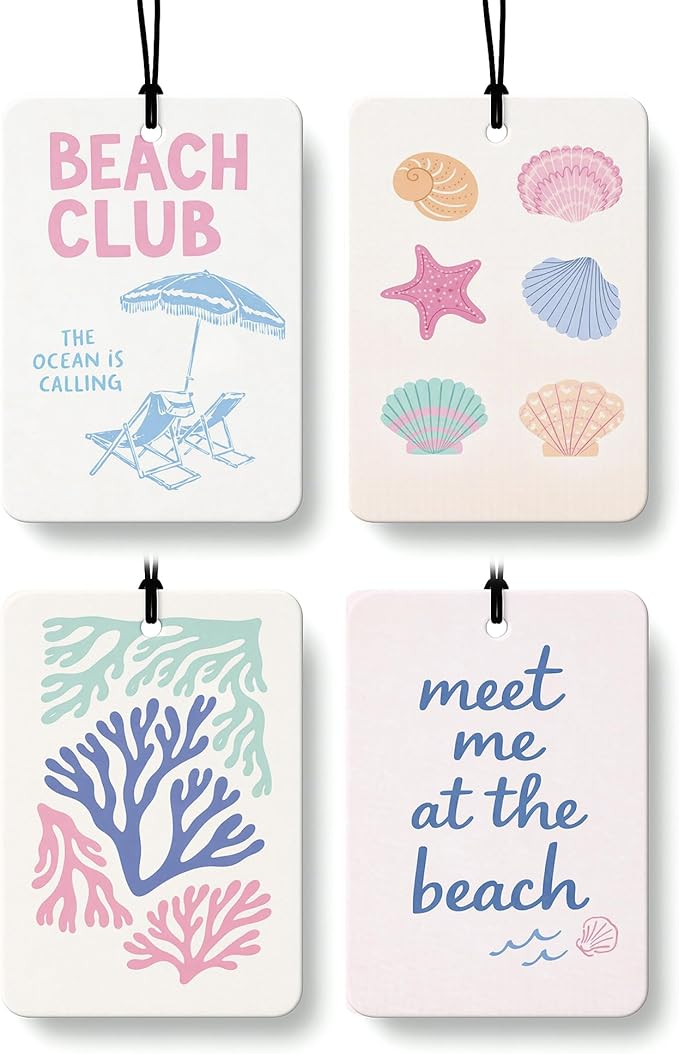 Coastal Summer Beach Car Air Freshener 4 Pcs, Summer Seagrass Starfish Seashell Ocean Hanging Air Freshener for Closet Drawer Books, Cute Beachy Car Accessories Mirror Decor for Women
