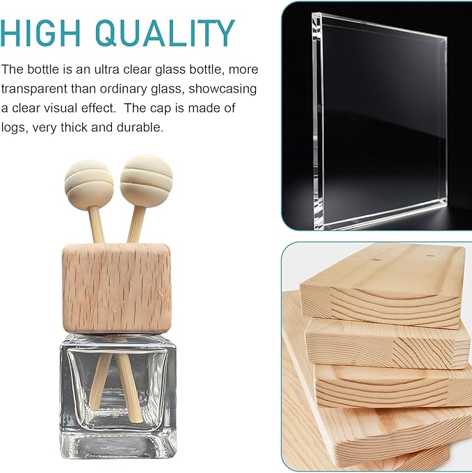 2PCS Car Diffuser Air Freshener Bottle, Auto Air Freshener Vent Clip, Refillable Empty Glass Perfume Bottle Outlet Clips, with Wooden Cap and Stick, Car Conditioning Vent Decoration