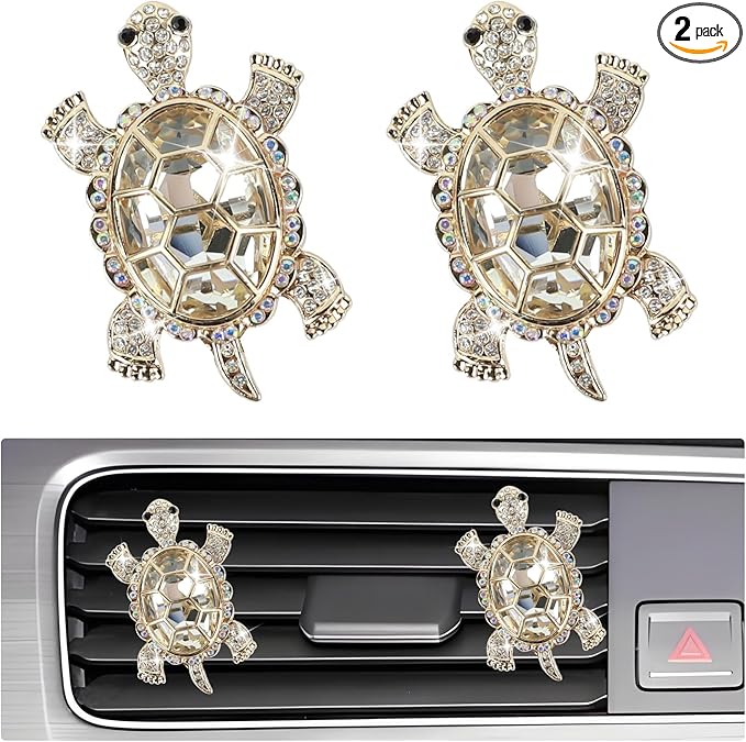 2PCS Sea Turtles Car Air Freshener Vent Clip, Bling Cute Turtle Vent Clips for Cars, Rhinestone Auto Air Conditioning Outlet Clip, Ocean Theme Interior Decor Car Accessories (White)