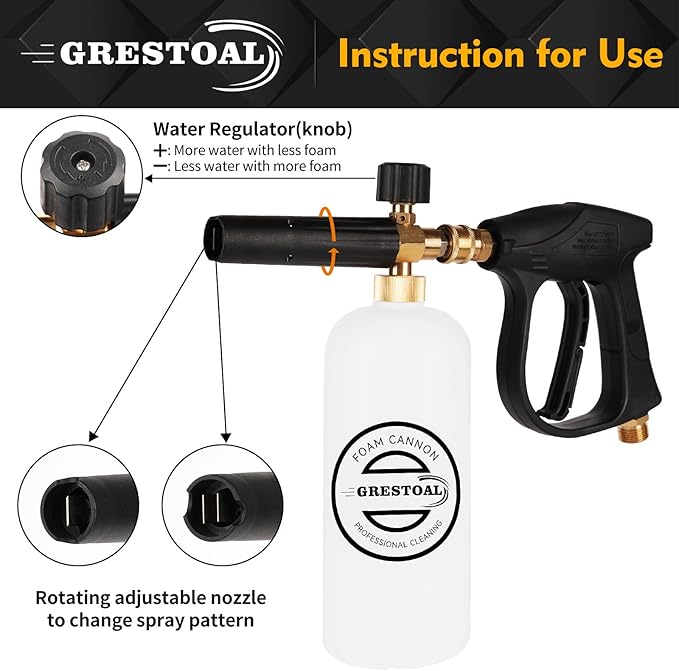 Short Pressure Washer Gun with Foam Cannon, Snow Foam Gun with 5 Pressure Washer Nozzle Tips, 1/4 Inch Quick Connector, 1 Liter, 3000 PSI