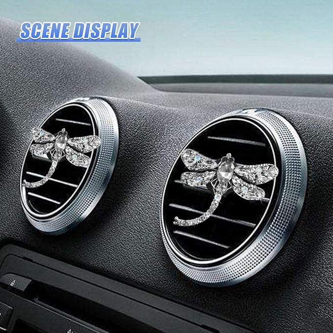 2PCS Bling Dragonfly Car Air Vent Clips, Crystal Rhinestone Car Air Conditioning Outlet Clip, Universal Cute Vehicle Interior Diffuser Decoration Accessories for Women(White)