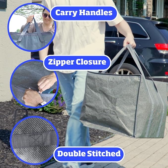 DURASACK XXXL Insulated Food Delivery Bag – 23”x14”x15” Reusable Catering Tote for Hot & Cold Food – Water-Resistant Thermal Carrier for Meal Transport, Grocery Runs, and Events, Gray, Pack of 3