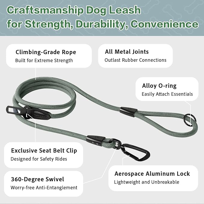PawsPassion Rope Dog Leash 4 FT, 2-in-1 Heavy Duty Dog Leash with Seat Belt Buckle, Tangle Free 360ｰ Swivel Aviation Aluminum Carabiner, All Metal Hardware, Alloy O-Ring (Seabreeze)