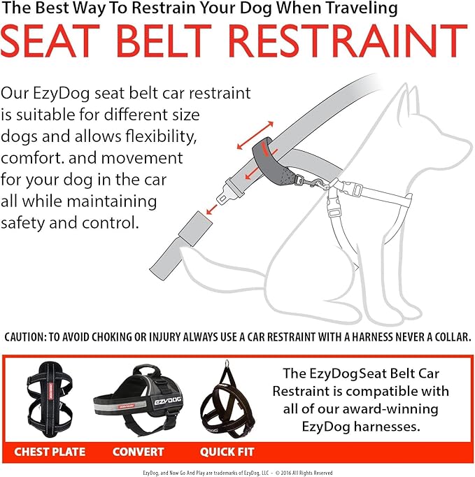 EzyDog Universal Dog Seat Belt Restraint for Cars – Durable Easy to Use Seatbelt Attachment for Dog Harness with Superior Strength and Nylon Webbing