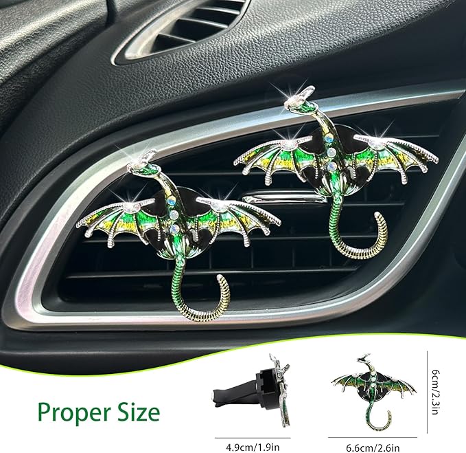 Dargon Air Vent Clips Car Air Freshener 2pcs Bling Green Dragon Car Accessories Enamel Fire Dragon Wyvern Vent Clips Refillable Essential Oil Outlet Diffuser Gothic Decor