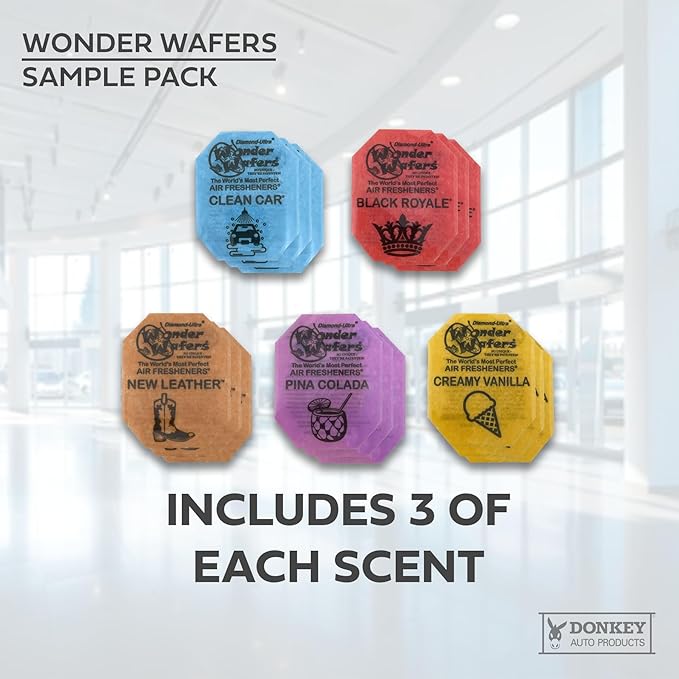 Donkey Auto Products, Wonder Wafers Top 5 Scents Sample Pack of Car Air Fresheners (15 Pack)