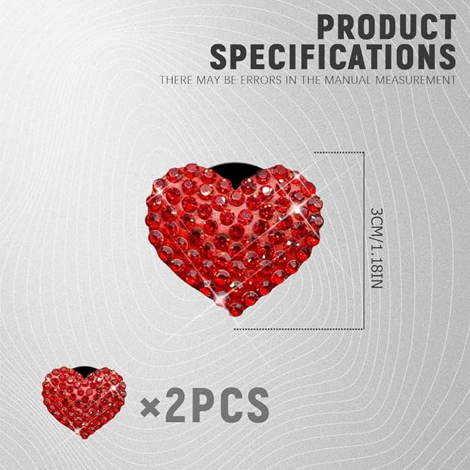 2PCS Bling Heart Air Vent Clips, Heart Shaped Crystal Air Freshener Vent Clips, Rhinestone Air Conditioning Outlet Clip, Universal Interior Decor Car Accessories for Women Girl (Red)